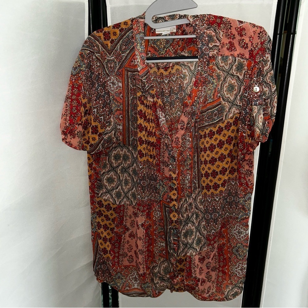 Westport Red Orange Short Sleeve Button Down Blouse